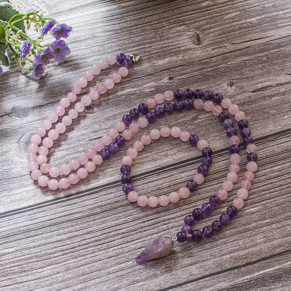 Collar Mala 108 con cuentas de cuarzo rosa y amatista de 8 mm, joyería para meditación, yoga y oración, conjunto de japamala