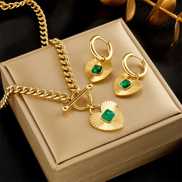 316L Stainless Steel Heart-Shaped Green Stone Charm Necklace Earrings For Women