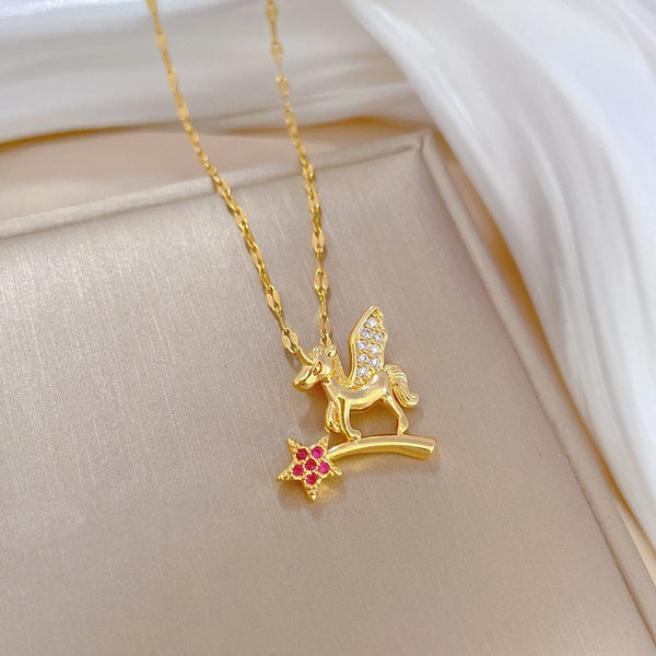 Collar con colgante de caballo volador y varita mágica de acero inoxidable 316L para mujer