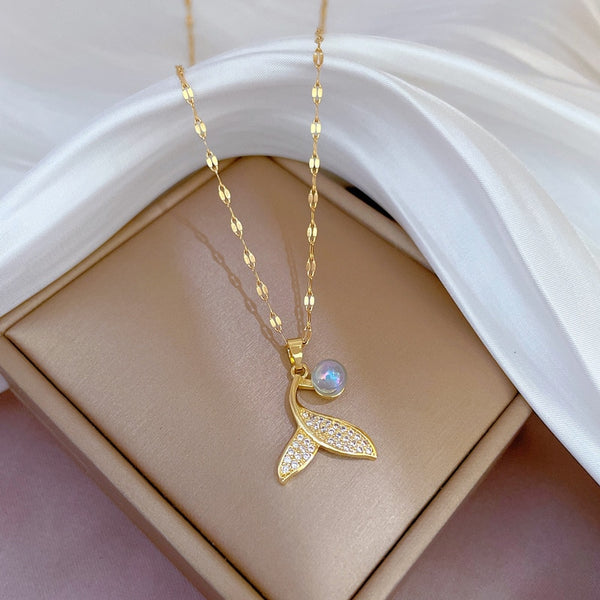 316L Stainless Steel Mermaid Tail Pearl Pendant Necklace For Women