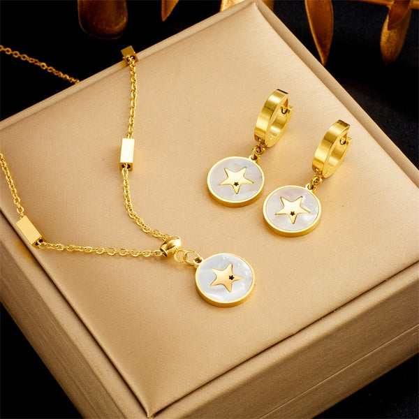 316L Stainless Steel Star Round Pendant Necklace Earrings For Women