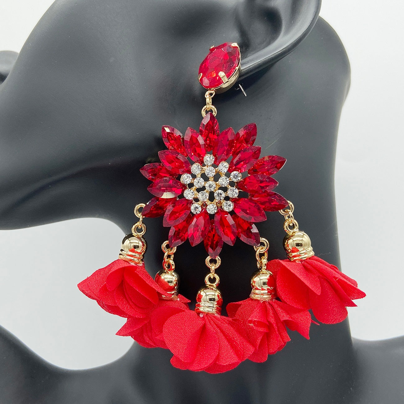 Boho Flower Tassel Earrings For Women Large Crystal Pendant Rhinestone Statement Earring