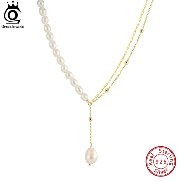925 Sterling Silver Double Layered Necklace with Natural Baroque Pearl for Women