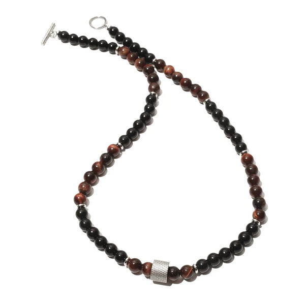 Collar de cuentas de ónix negro y ojo de tigre de piedra natural de 8 mm con dije de cuentas de acero inoxidable, cadena para el cuello