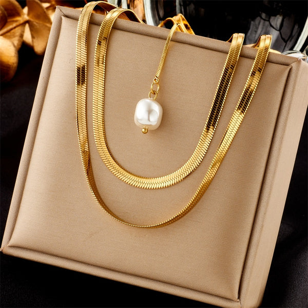 316L Stainless Steel Gold Color Extra Long Flat Snake Chain Pearl Pendant Necklace For Women