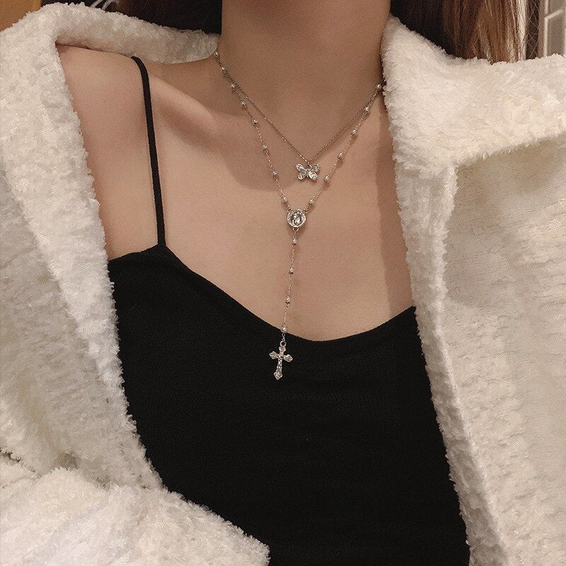 Korean Elegant Pearl Cross Double Layers Necklace For Women