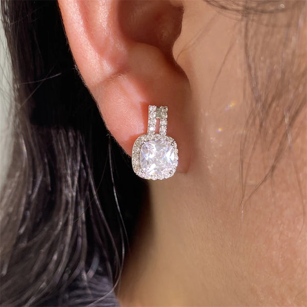 Luxury White Cubic Zirconia Square Silver Color Stud Earrings for Women