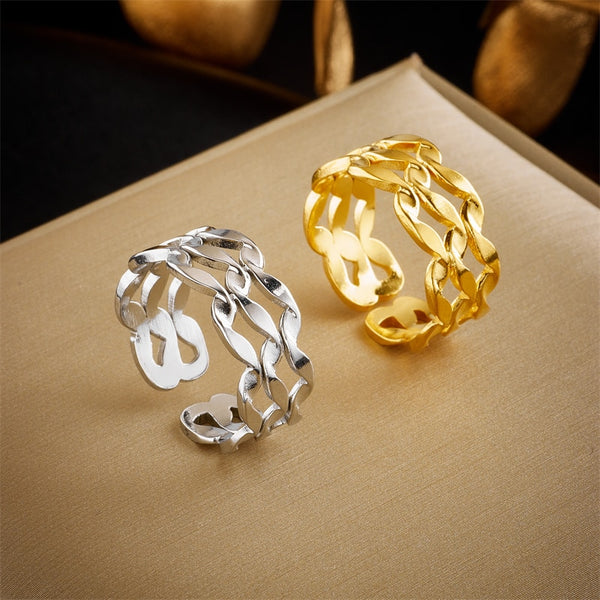 Anillo ajustable con diseño geométrico ondulado de acero inoxidable 316L para mujeres y hombres.