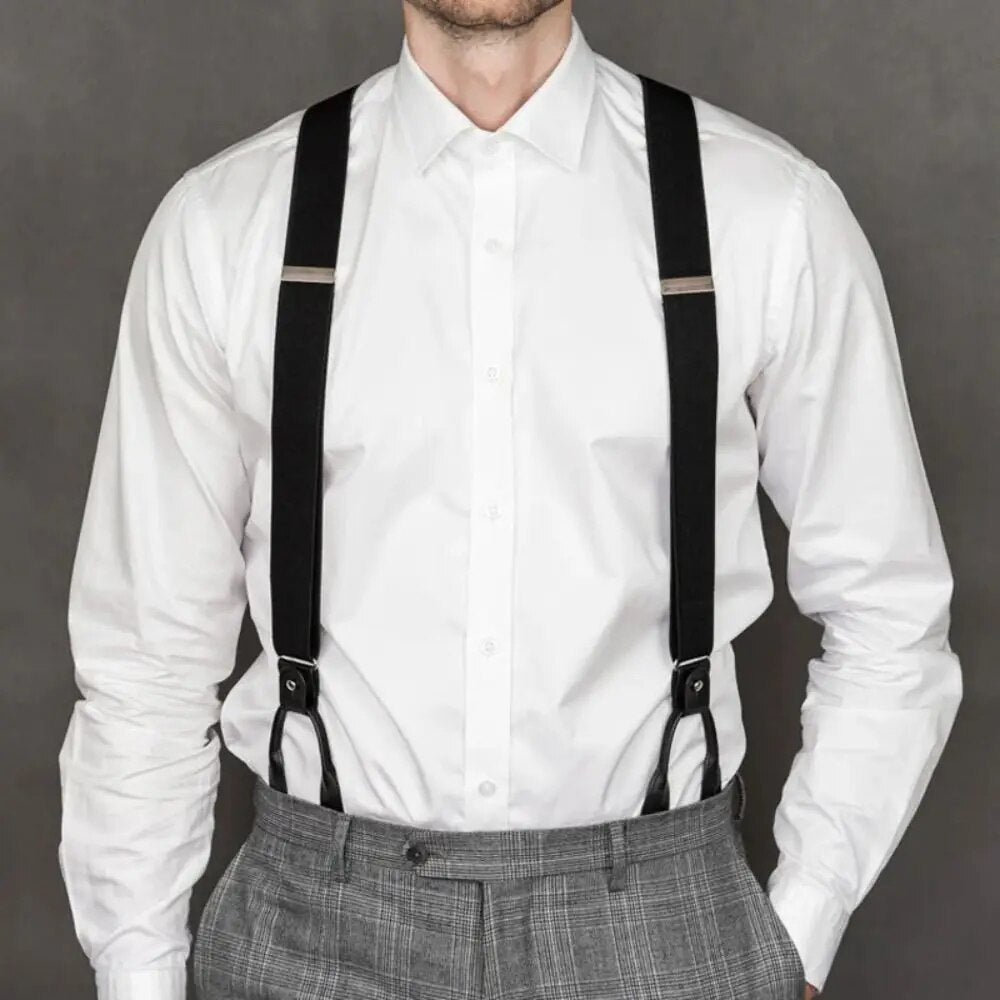 Vintage Suspenders Adult Leather Trimmed Button End Y Back Adjustable Elastic Trouser Braces Straps