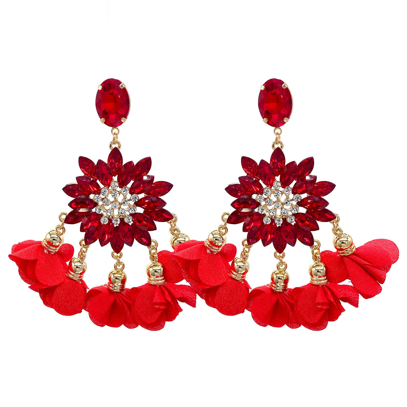 Boho Flower Tassel Earrings For Women Large Crystal Pendant Rhinestone Statement Earring