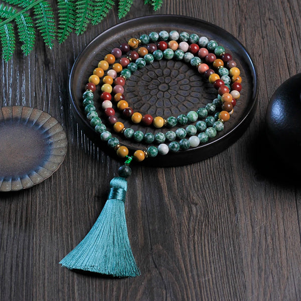 Collar con borlas de 108 cuentas Mala, cuentas de 8 mm, lapislázuli y vitelita yema, meditación Japamala