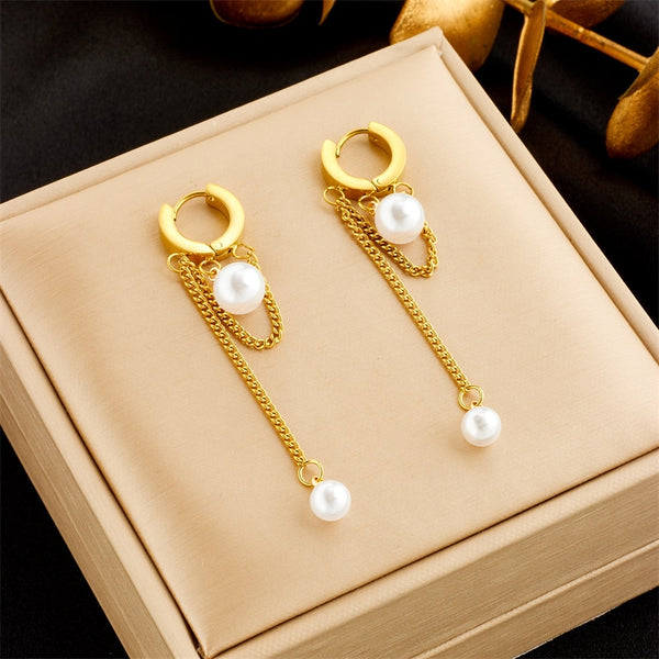 316L Stainless Steel Pearl Long Pendant Earrings For Women