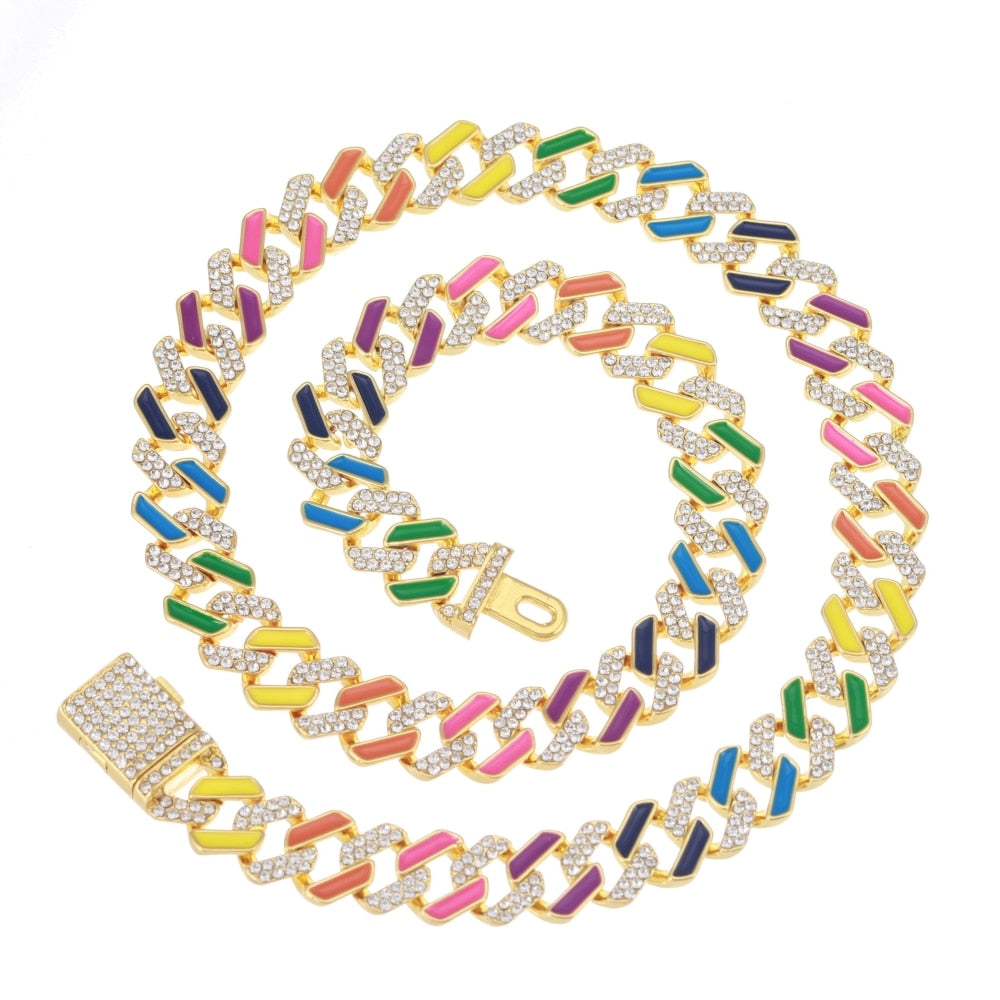 Hip Hop 12mm colorful Cuban Link Chain For Men Iced Out Bling Cuban Chain