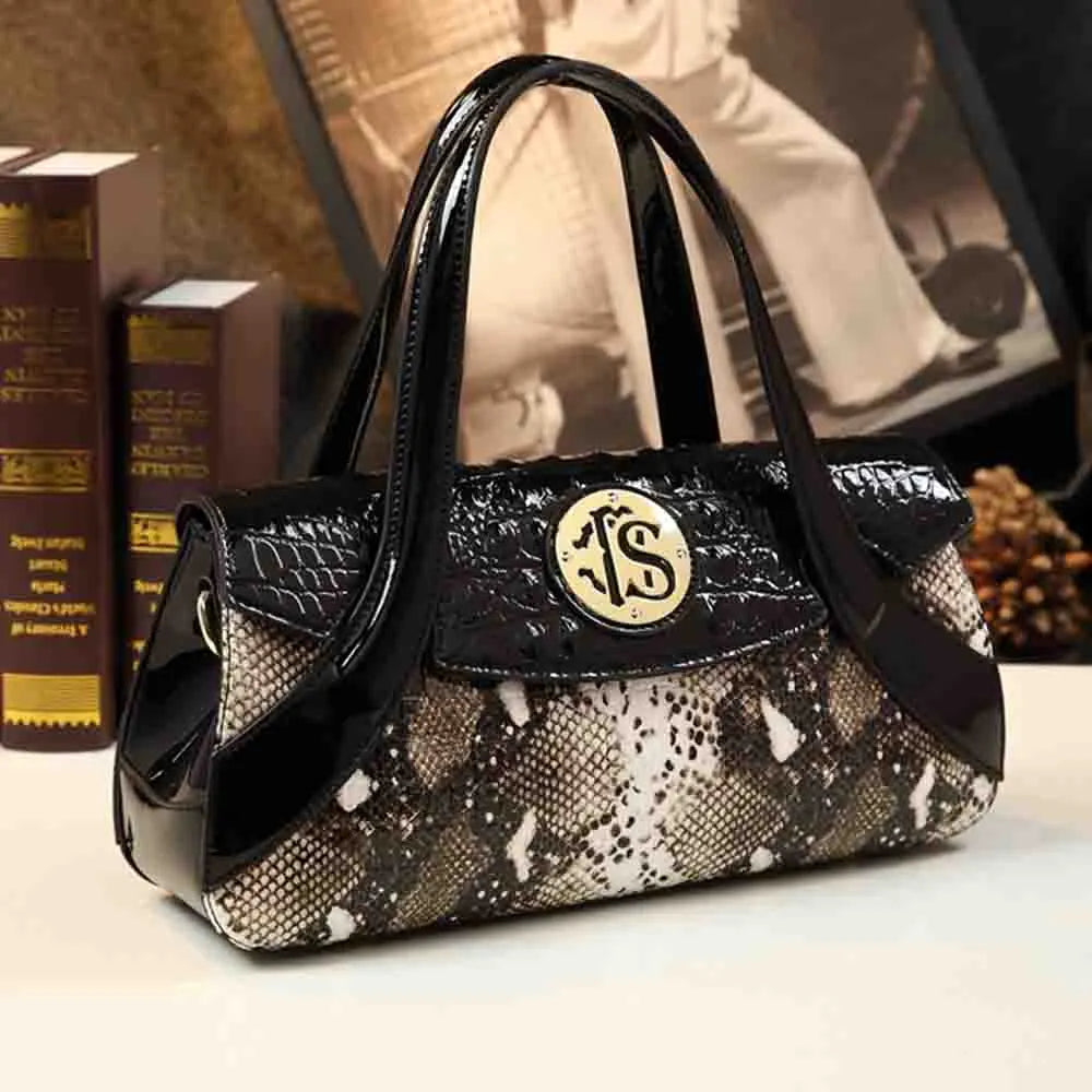 Luxury Patent Leather Snake Skin Print Stylish Women Top Handle Bag