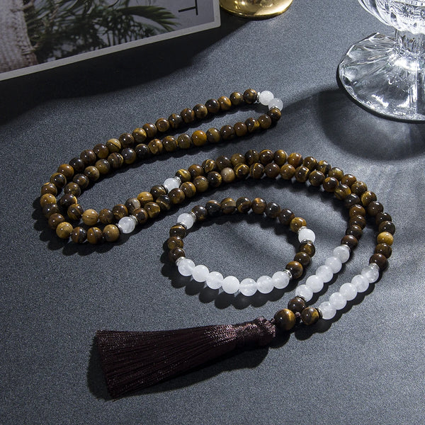 Collar de cuentas mala de jade blanco y ojo de tigre natural de 8 mm para hombre y mujer.