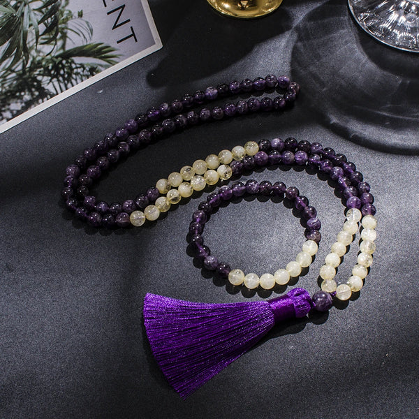 Collar de japamala de 108 cuentas de amatista y citrino natural de 8 mm para meditación, yoga y oración.