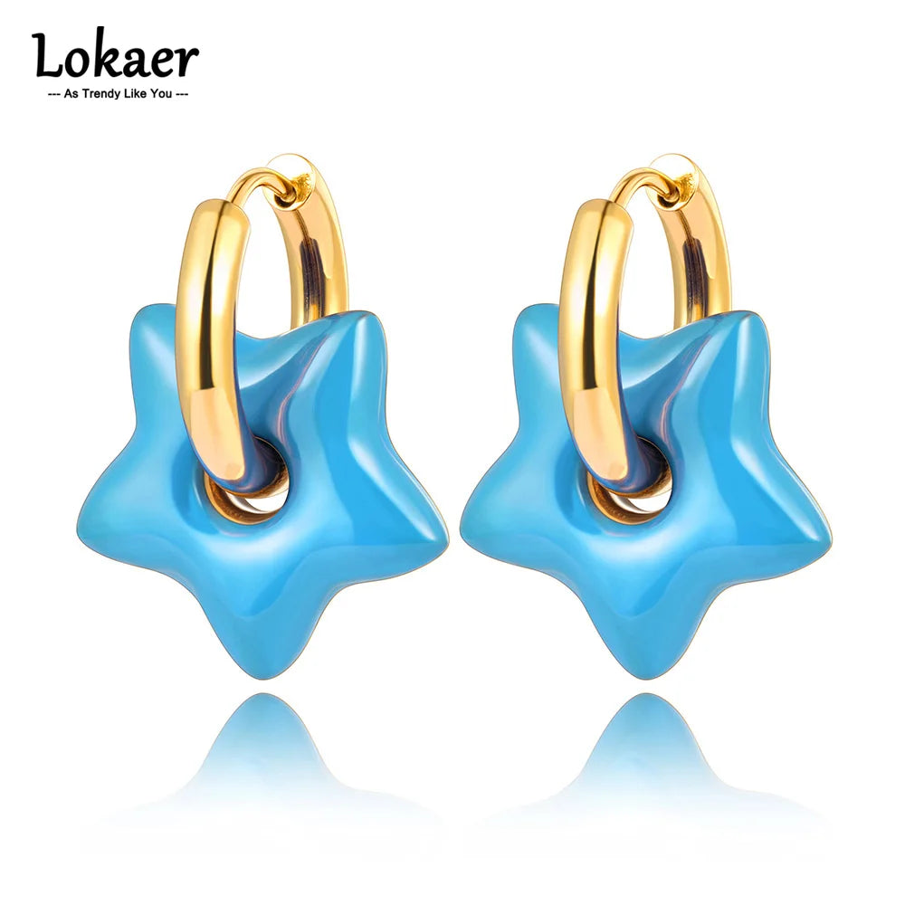 18K Gold Plated Fashion Painted Glaze Blue Red Star Hoop Earrings For Women