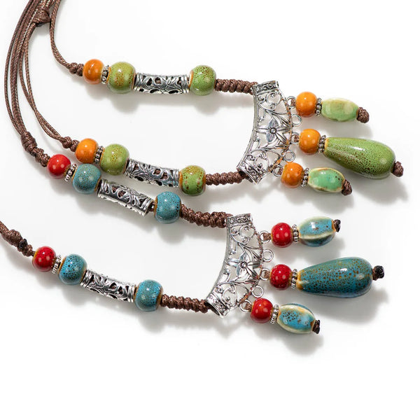 Bohemian Vintage Handmade Necklace Ceramic Beads Pendant