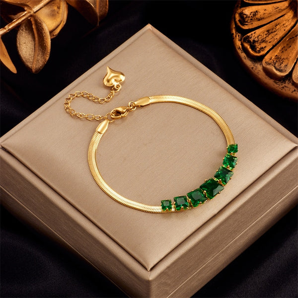 316L Stainless Steel Square Green Crystal Bracelet For Women