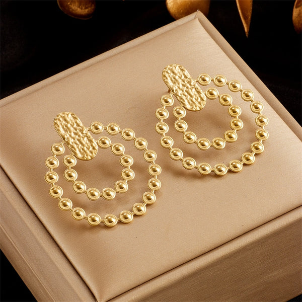 316L Stainless Steel Exaggerated Gold Color Bead Circle Stud Earrings For Women