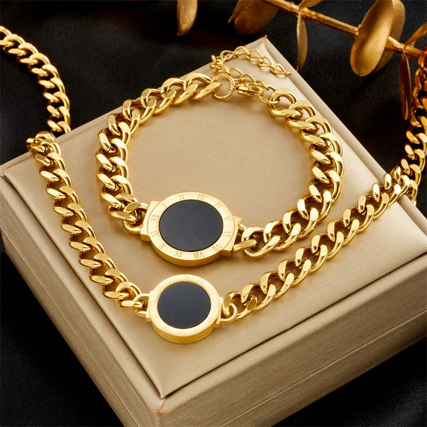 316L Stainless Steel Round 2-Sided Roman Numerals Necklace Bracelets For Women