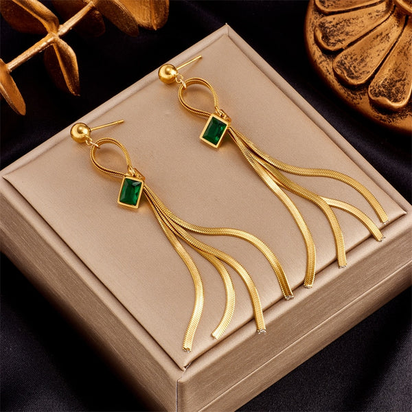 Pendientes largos con borlas y circonita verde de acero inoxidable 316L para mujer