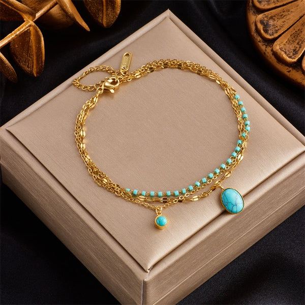 Pulsera de acero inoxidable 316L con dije de piedra verde bohemia para mujer
