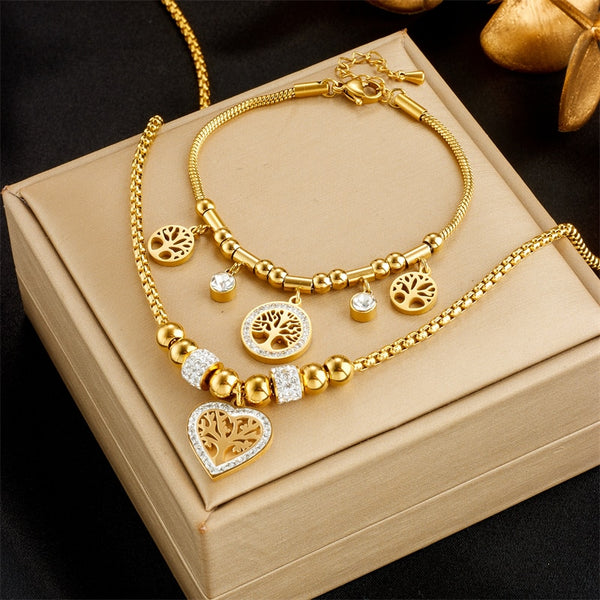 316L Stainless Steel Round Heart Tree Charm Necklace Bracelet For Women