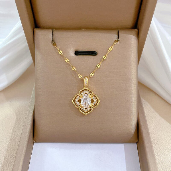 Collar con colgante de flor de cristal elegante, chapado en oro y acero inoxidable 316L