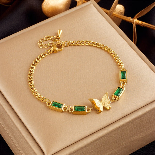 Pulsera de acero inoxidable 316L con dije de mariposa de cristal cuadrado verde para mujer