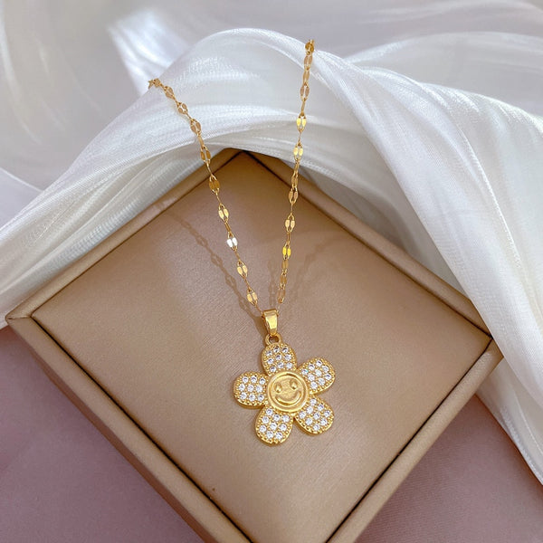 316L Stainless Steel Flower Smile Pendant Necklace For Women