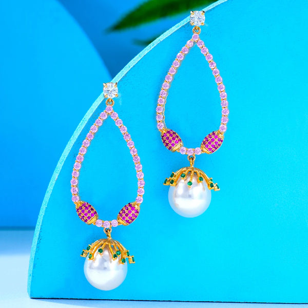 Luxury CZ BOHO Pearl Drop Earrings For Women Wedding Bridal Jewelry