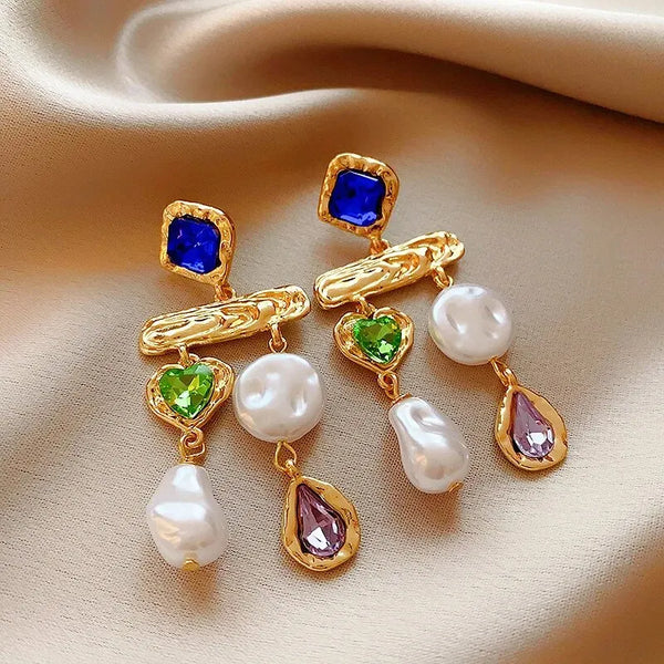 Pendientes de perlas asimétricas con incrustaciones de diamantes de imitación para mujer