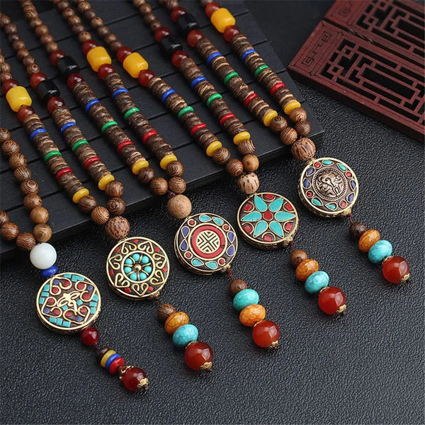 Collar bohemio con colgante de cadena larga de suéter de moda con borlas de cuentas de madera