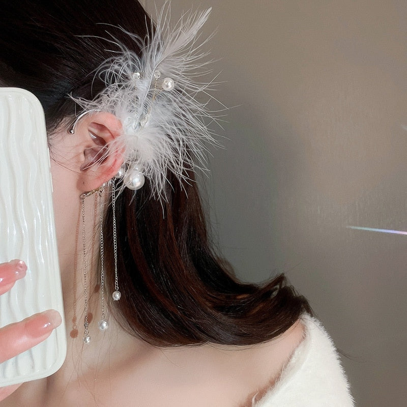 Korean Trendy White Feather Clip Earrings For Women