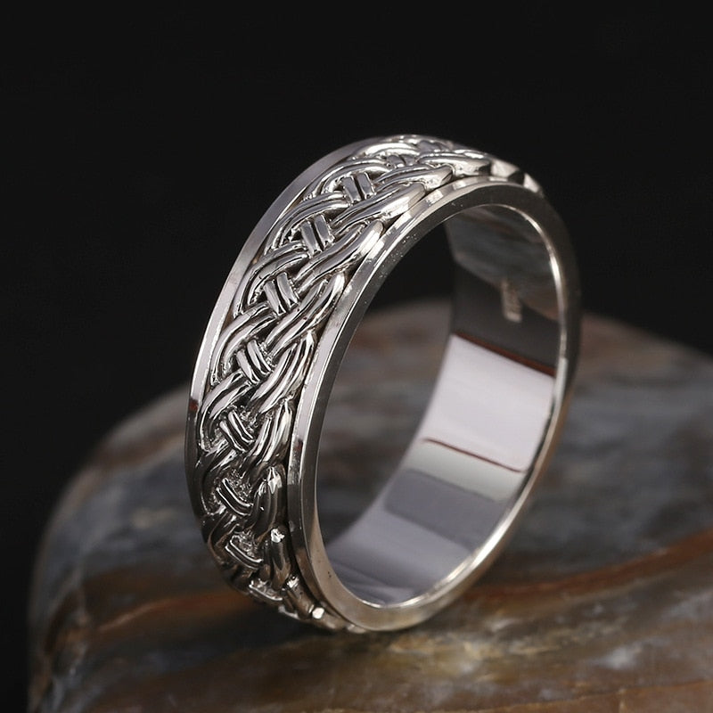 Unibabe Real S925 Sterling Silver Vintage Rotating Weaving Ring Men Women