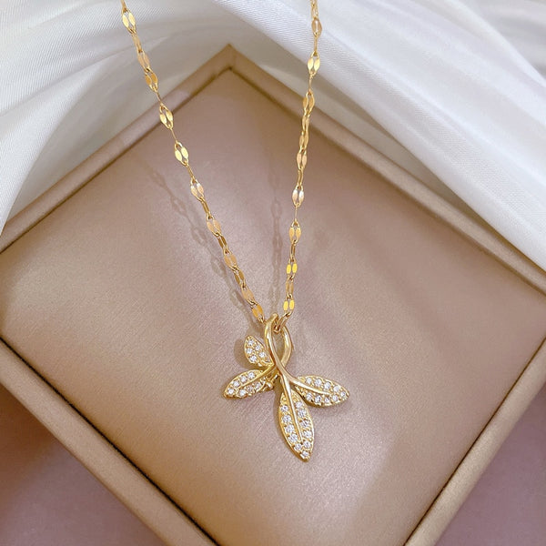 316L Stainless Steel Full Rhinestone Leaf Pendant Necklace For Women