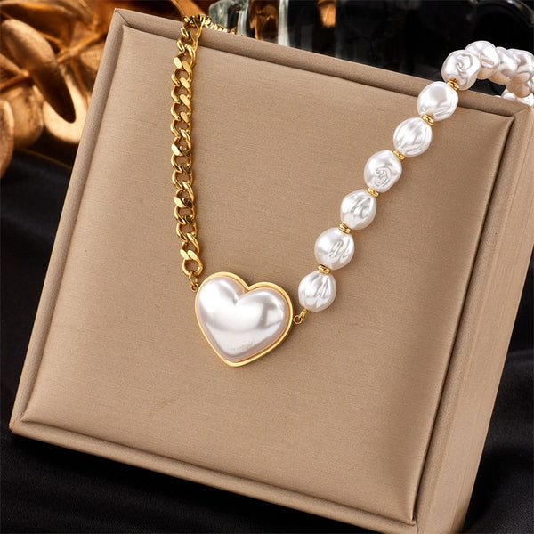 316L Stainless Steel Large Heart Pearl Pendant Necklace For Women