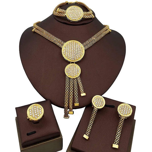 Conjunto de joyería redonda de moda con aretes, collar, brazalete y anillo de diamantes de imitación de forma redonda, 4 piezas