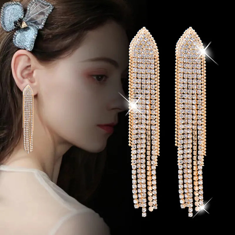 Mix Styles Long Tassel wedding accessories Yellow Gold Color Full Zirconia Bridal Earrings