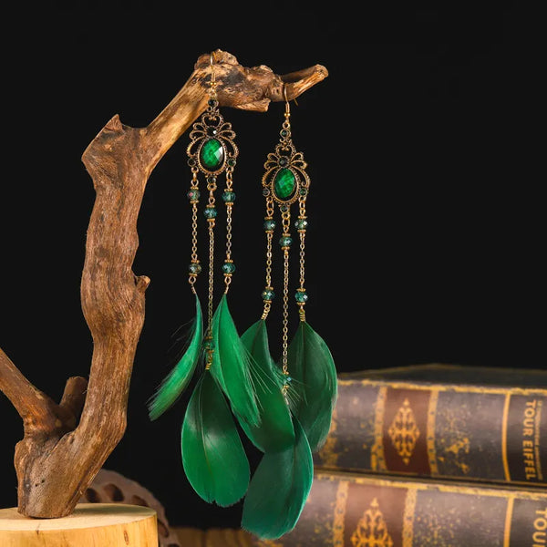 Nuevos pendientes largos con plumas y cadena de cobre y cristal bohemio para mujer