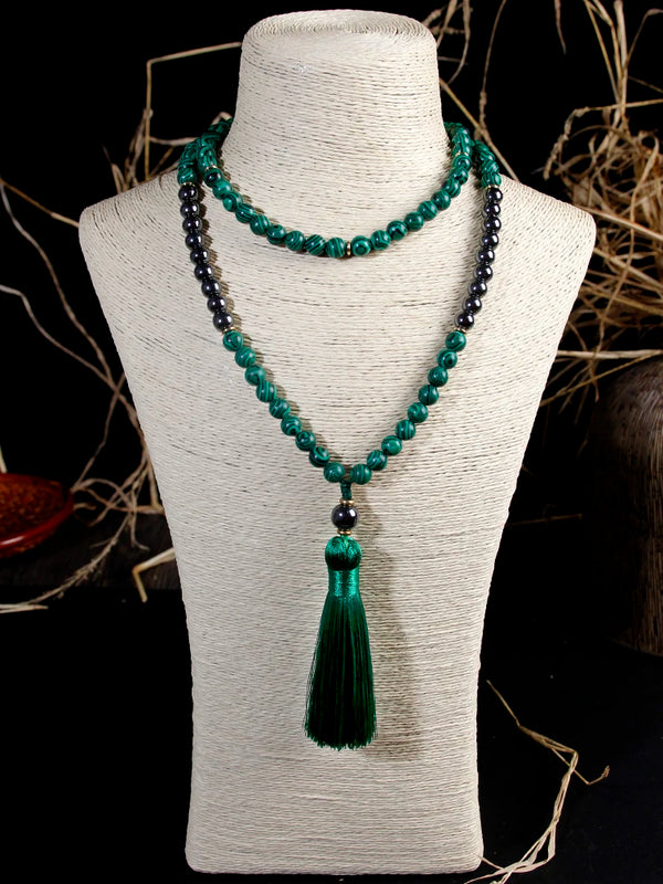 Collar de 108 cuentas de piedra de malaquita con colgante de borla de algodón, collar para hombre y mujer