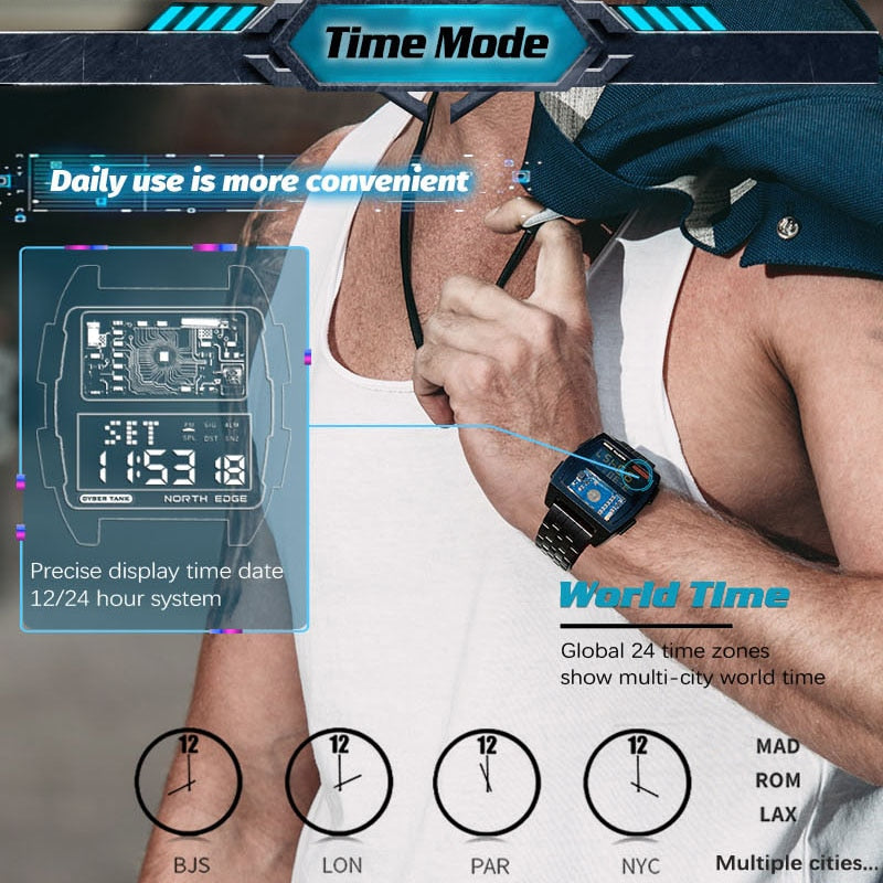 Men's Digital Watch Retro Industrial Metal Style Waterproof 50M Sport Watches