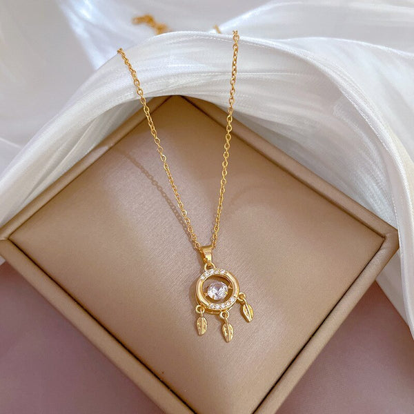 316L Stainless Steel Dream Catcher Feather Zircon Pendant Necklace For Women