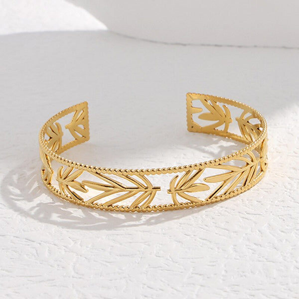 316L Stainless Steel Leaf Hollowing Cuff Bracelet For Women