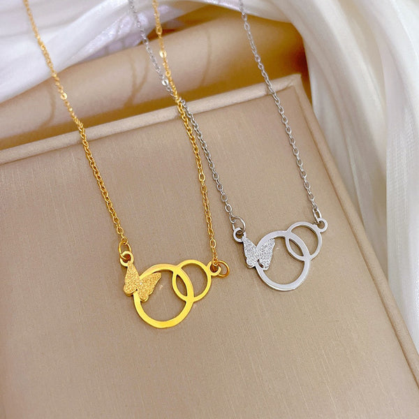 Collar con colgante circular de mariposa de dos colores de acero inoxidable 316L para mujer
