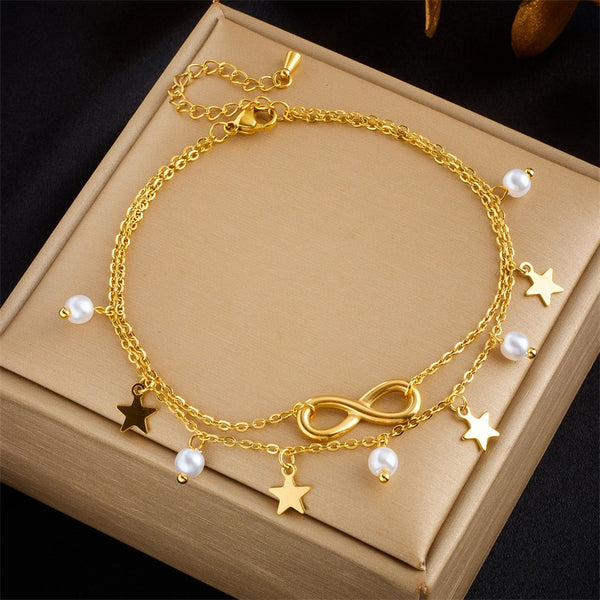 316L Stainless Steel Star Pearl Number 8 Charm Anklet For Women