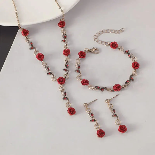 Conjunto de joyas vintage con forma de flor de rosa roja, collar, pulsera, pendientes, 4 piezas
