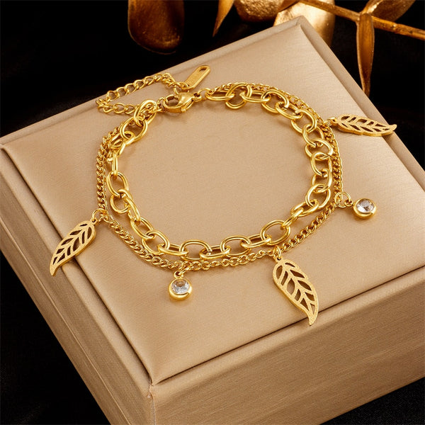 316L Stainless Steel Gold Color Leaves Leaf Charm Bracelet For Women