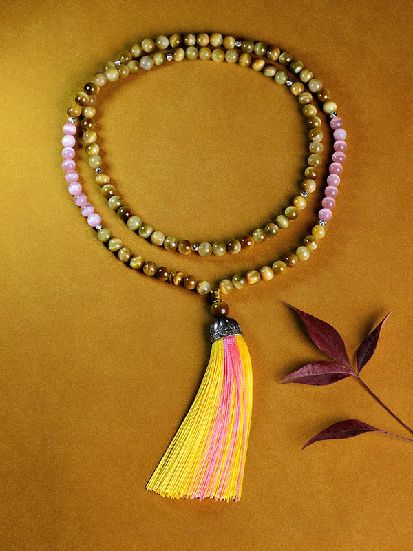 Japamala 108 beads natural stones 8mm Tiger's Eye Stone necklace,yellow tassel necklace for women